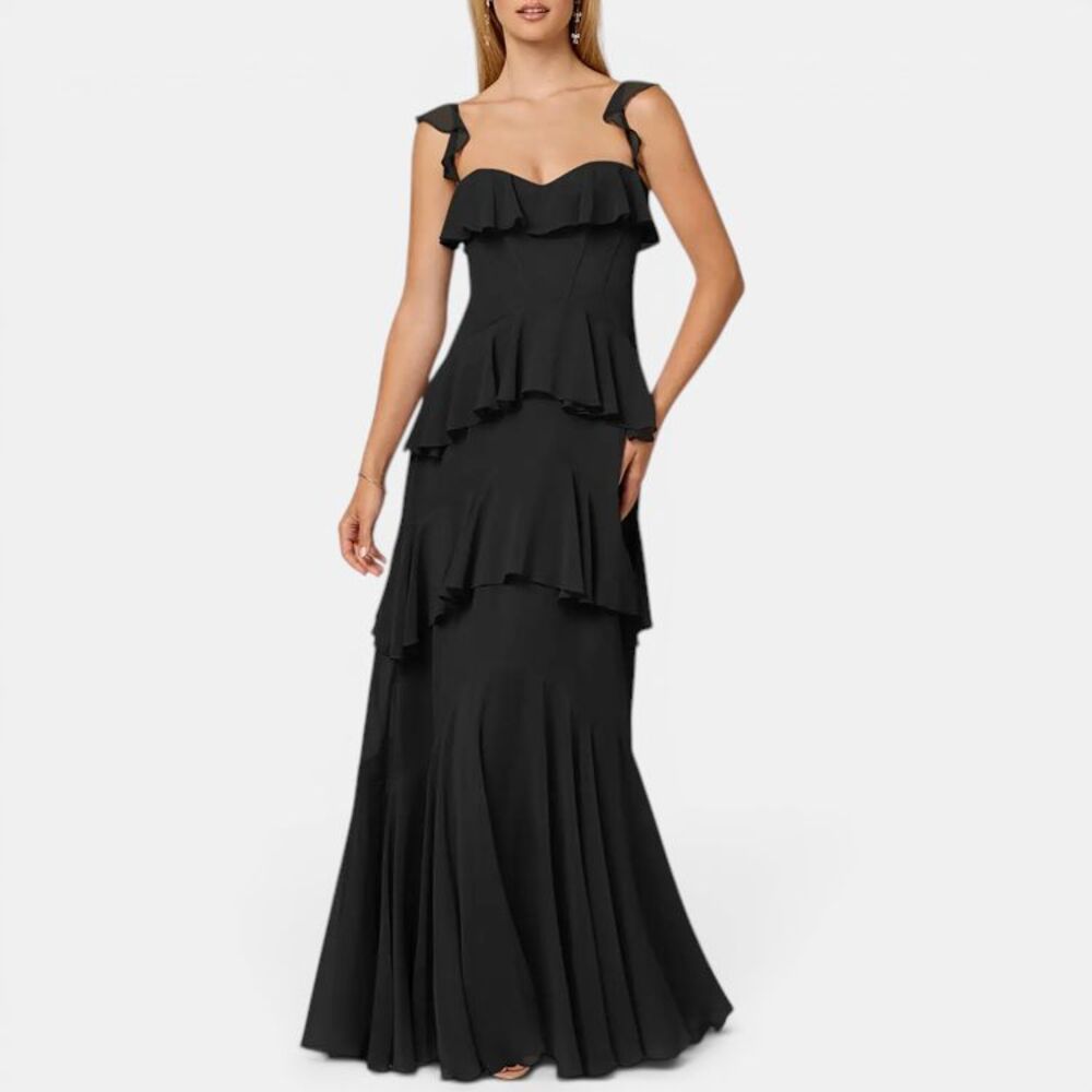 Barbie x Azazie Black Tiered Ruffle Chiffon Maxi Formal Dress Women's A0 NWT